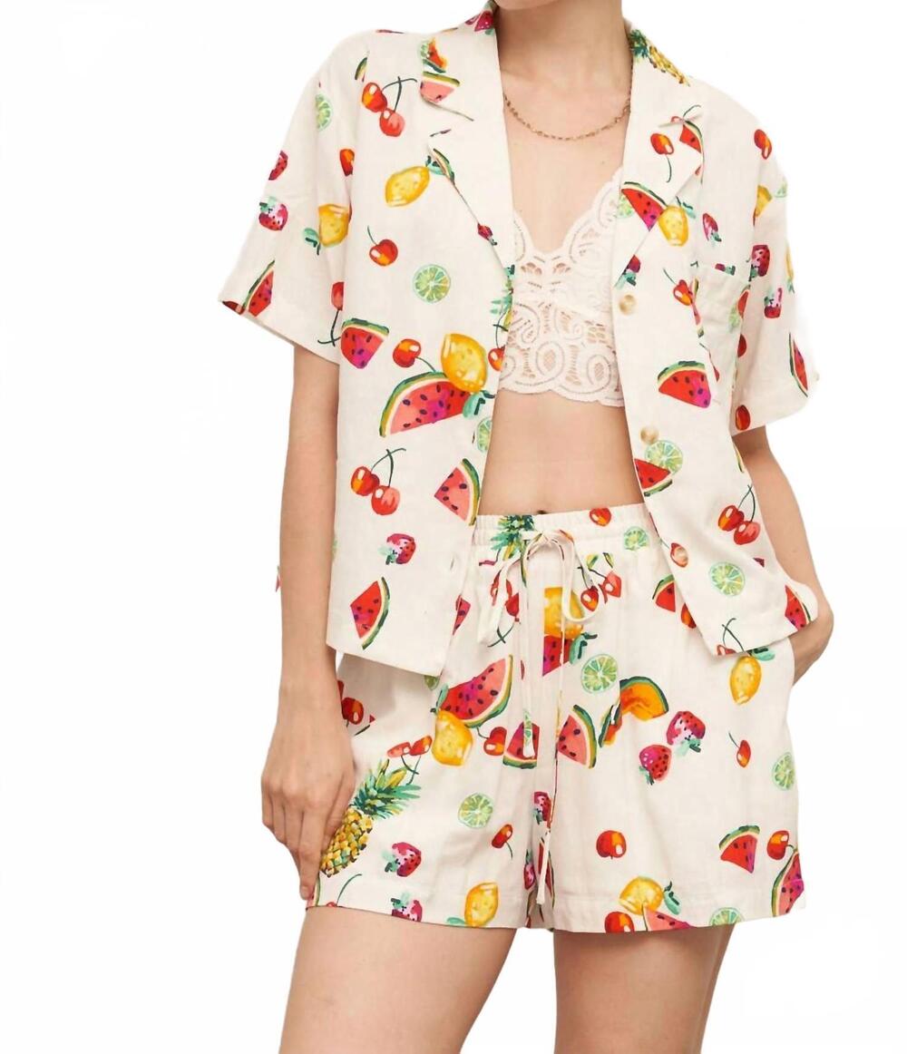 NEW EN CREME fruit print elastic waistband shorts in white multicolor